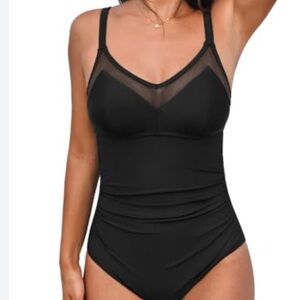 CUPSHE One Piece  Bathing Suit V Neck Cutout Ruched Mesh, Black, Size 1X, NWT
